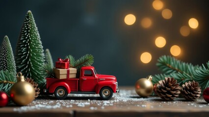 Christmas card of fir branches, Christmas balls, red toy car on a dark background. Sparkling bokeh. Free space for text
