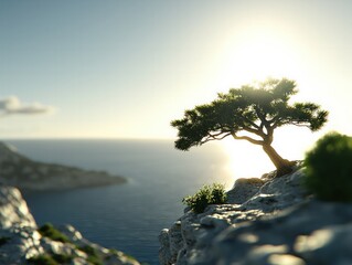 Obraz premium Bonsai Tree Thrives on Rocky Cliff Overlooking Calm Sea