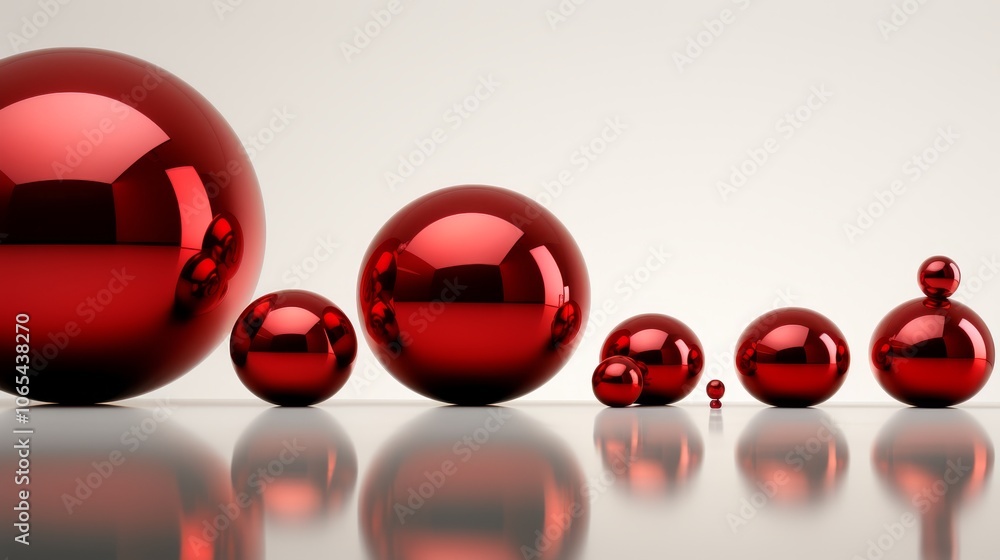 Poster minimalist display of shiny red baubles and silver tree with light and shadow effects on red