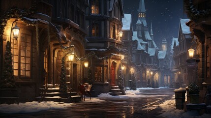 Fototapeta premium Charming winter scene with illuminated street lamps and gentle snowflakes in a cozy atmosphere