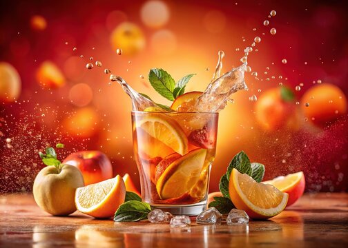 Enjoy a chilled peach iced tea splash this summer, featuring vibrant slices and swirls against a coral backdrop, ideal for brightening up warm days.