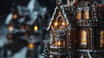 Obraz premium Close-up of illuminated gingerbread house in snow at night