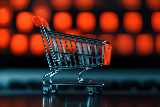 Shopping cart on digital background, representing online retail and commerce.
