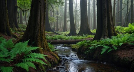 Obraz premium Old forest with large trees ferns gentle stream