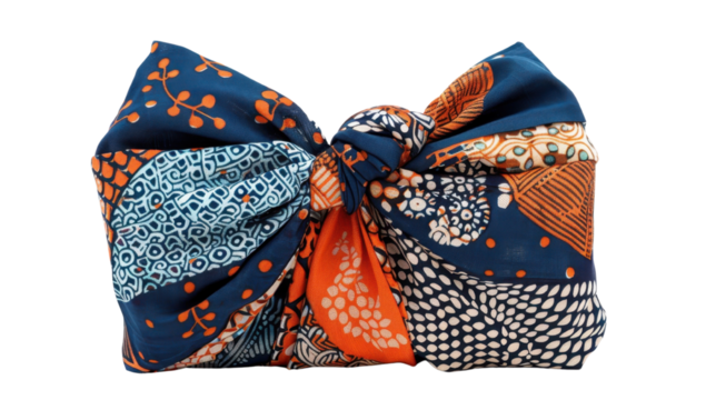 Elegant dark blue and orange patterned cloth elegantly wrapped