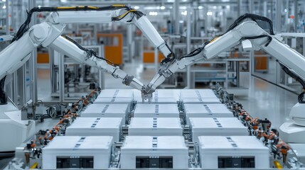Fototapeta premium Robotic Arms Assembling EV Batteries in Futuristic Clean Factory with High Tech Machinery