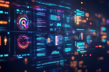 Obraz premium Futuristic dashboard, holographic interface, neon accents, data streams, dark background