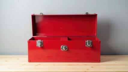 Red toolbox open with visible metal latches, set against a neutral background for a minimalist look