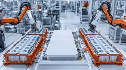 Naklejka premium Robotic Arms Assembling Electric Vehicle Batteries in Futuristic Factory