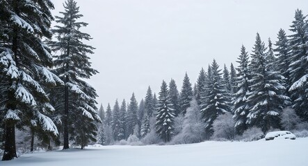 Fototapeta premium Pine forest with fresh snowfall stillness winter beauty