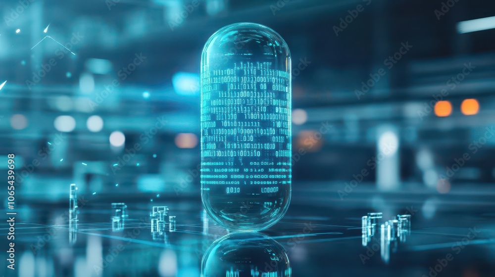 Poster Energy capsule, binary code effect, futuristic holograms, scifi lab