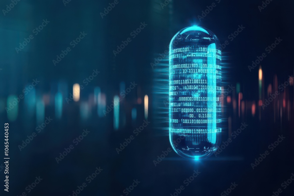 Poster Data capsule, binary code projections, futuristic interface, sleek design