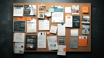 Cork bulletin board with various papers, flyers, and notes pinned, including event announcements, informational sheets, and handwritten reminders in a classroom or office setting.