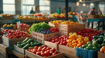 Obraz premium Busy farmers market scene with colorful produce, artisanal goods, and diverse vendors in an openair setting, with warm sunlight filtering through