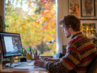 Person in a sweater, focused on work at a desk, with fall leaves visible outside