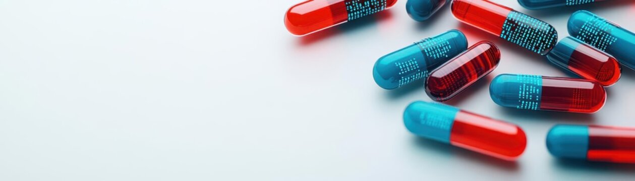 Capsule technology, floating binary code, sleek minimalistic style, white background