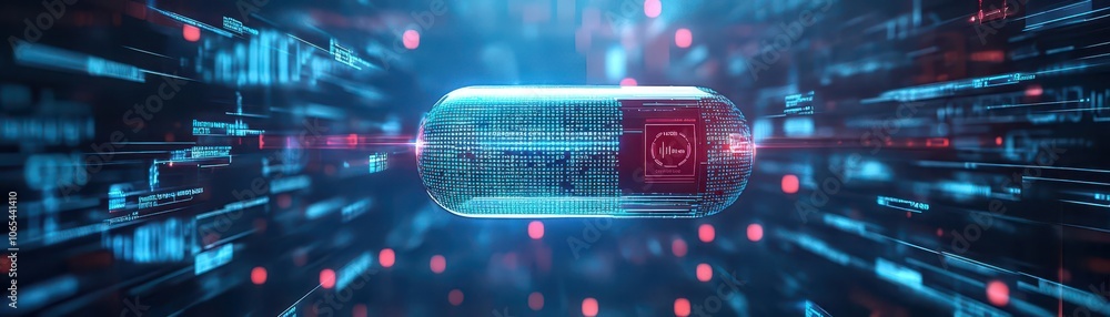 Poster biometric capsule, holographic binary stream, clean futuristic environment