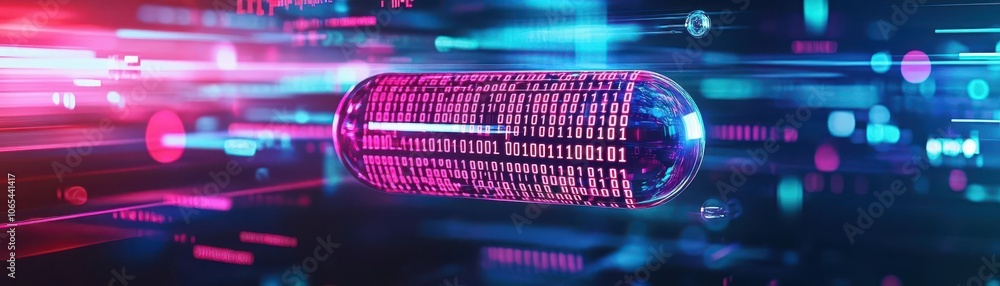 Poster Biometric capsule, floating binary codes, bright neon, hightech setting