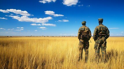 Wildlife officers patrolling a savanna to monitor animal movements