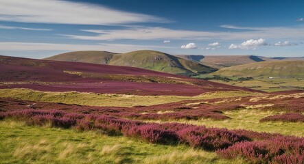 Obraz premium Rolling moorlands with purple heather green grass and big skies