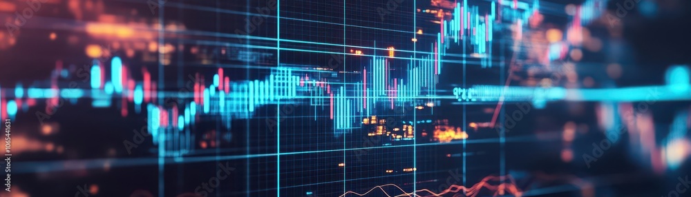 Poster aidriven market analysis screen with holographic bar graphs and stock indicators, scifi vibe, neon b