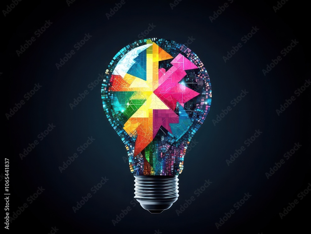 Poster Abstract multicolored lightbulb with arrows pointing inward, mosaic style, intricate patterns, bright and symbolic design