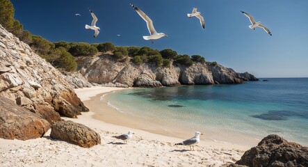 Fototapeta premium Sandy beach cove with rocky walls clear water and seagulls