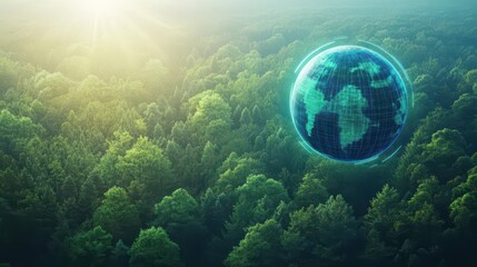 A globe floating above a lush forest landscape, sunlight streaming through trees, holographic overlay, ecotech style, vibrant greens, digital art
