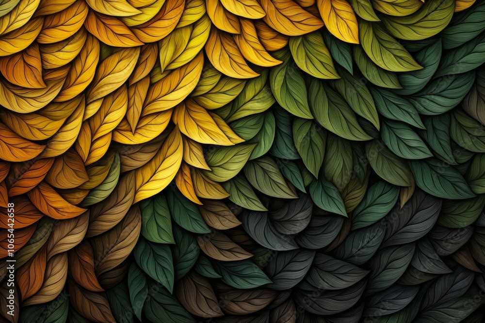 Poster stylized leaves in vivid green and yellow hues with overlapping transparency on a clean background