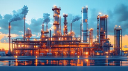 Obraz premium Industrial Complex with Smoke Stacks and Illuminated Towers at Dusk