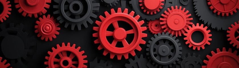 A conceptual image of demand and hedging as interlocking gears, retromechanical style, bold lines, red and black color scheme