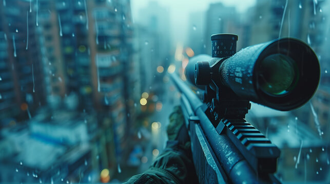 sniper on duty point of view, stationed on top of building, sniper POV while looking down