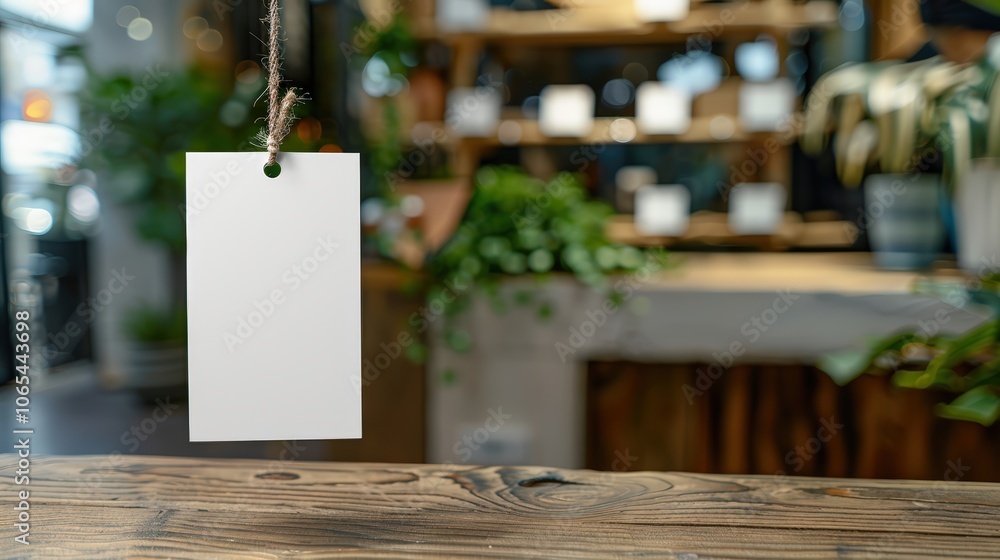 Wall mural A blank white tag hanging on wooden table in store interior background, mockup template