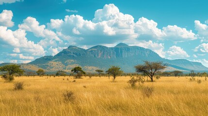 African Landscape. Wild Savanna with Majestic Mountain in Kenya's National Park