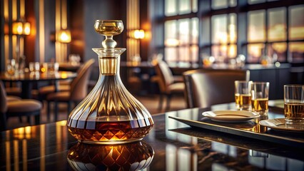 Elegant Glass Decanter with Gold Lid and Dark Liquid - Luxury Home Decor, Fine Dining, Beverage Presentation, Antique Style, Glassware Photography, Unique Bar Accessories