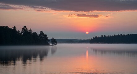 Fototapeta premium Sunrise over lake with mist and distant trees
