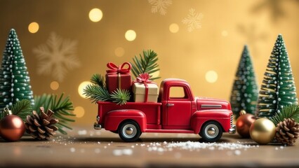 Christmas card of fir branches, Christmas balls, red toy car on a gold background. Sparkling bokeh. Free space for text