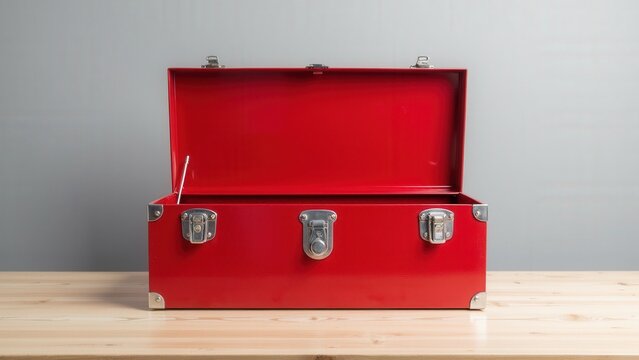 Red toolbox open and sturdy, ideal for automotive, workshop, or home improvement settings