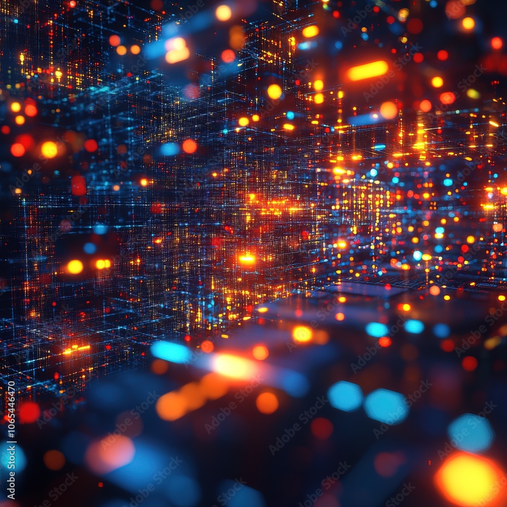 Poster neon lights abstract digital data cube background