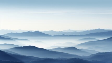 Obraz premium Close up of mountain silhouettes emerging from fog with dark blue peaks and light blue sky