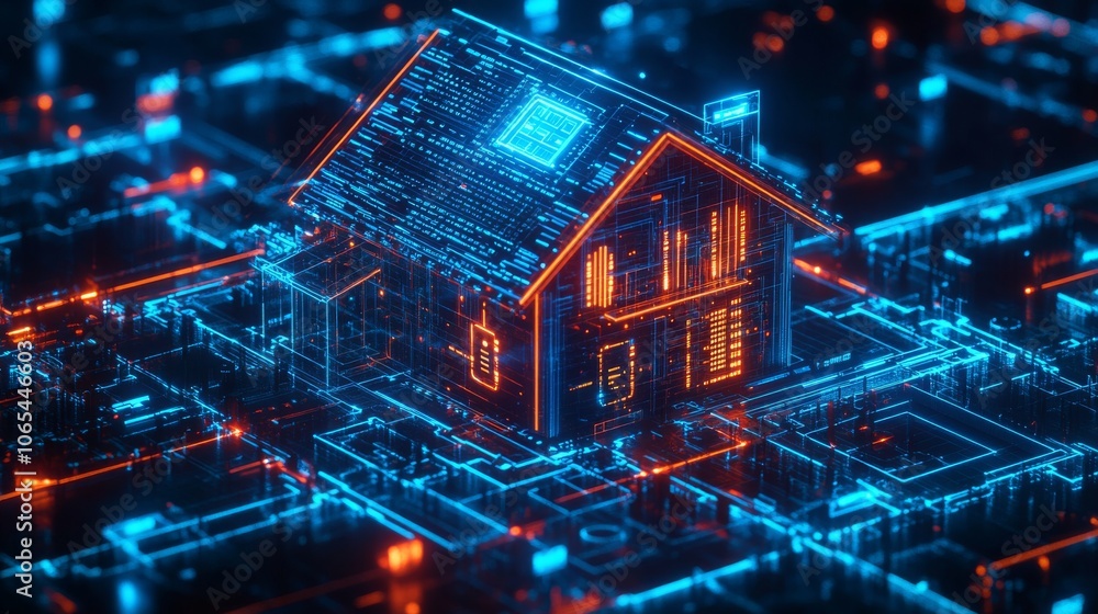 Poster a digital representation of a home constructed from circuitry