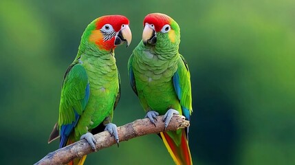 Fototapeta premium Two colorful parrots perched on a branch, looking at each other.