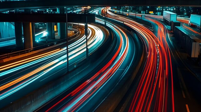 Nighttime Highway Interchange with Blurred Light Trails of Diverse Transport Vehicles