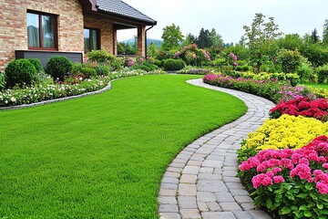Landscape design in home garden, beautiful landscaped backyard of residential house , isolated on white background,  , copy space, copy space for text,