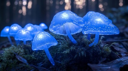 Glowing Blue Mushrooms in a Forest at Night