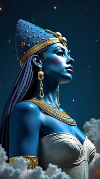 Nut, Egyptian goddess of the sky, adorned with golden crown and jewelry, gazing upward with a serene and contemplative expression