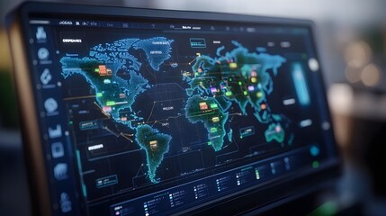 Obraz premium Futuristic Global Logistics Data HUD with Holographic Trade Route Overlays and Cargo Icons