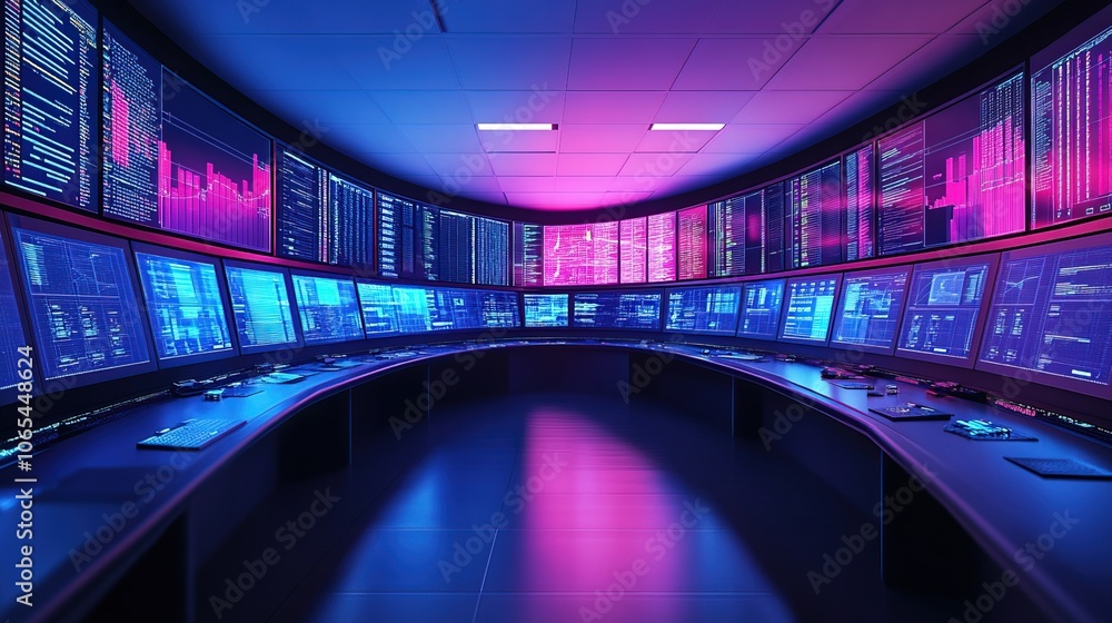 Poster futuristic control room with monitors displaying data