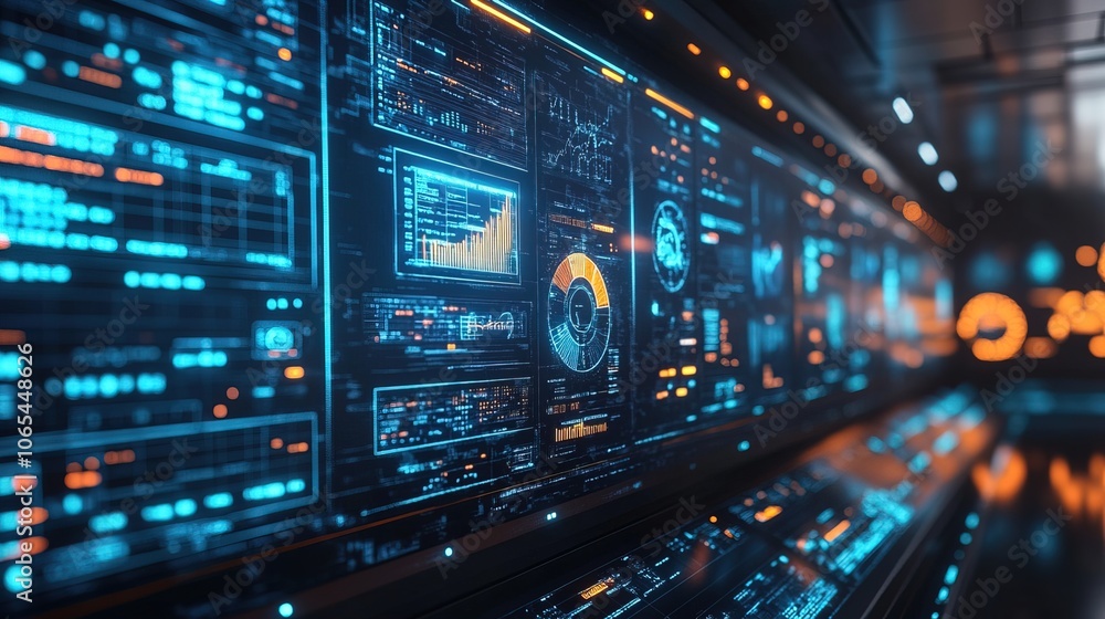 Poster futuristic control room with monitors displaying data