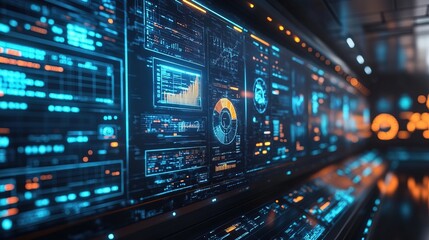 Fototapeta premium Futuristic Control Room with Monitors Displaying Data